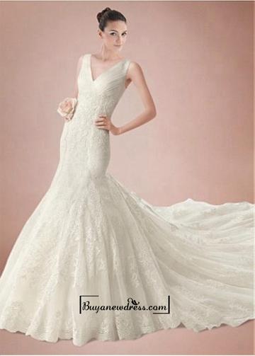 Wedding - Alluring Tulle&Satin Mermaid V-neck Natural Waistline Wedding Dress