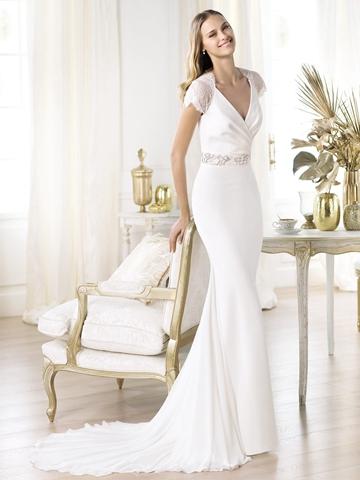 Mariage - Elegant Short Sleeves Plunging V-neck Mermaid Illusion Back Wedding Dress Featuring Crystal