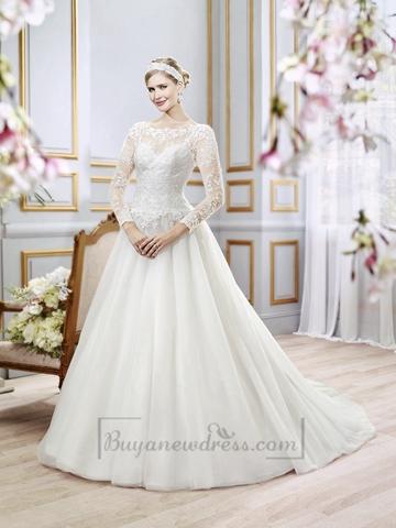 Mariage - Illusion Lace Long Sleeves Bateau Neckline Ball Gown Wedding Dress with Deep V-back