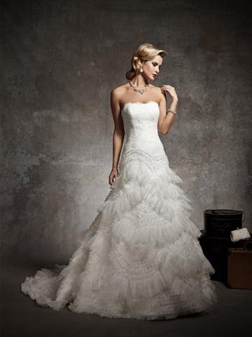 Hochzeit - Strapless Lace Dropped Waist Wedding Dress with Organza Asymetrical Ruffle Skirt