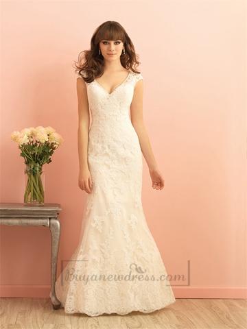 Mariage - Cap Sleeves V-neckline Mermaid Lace Wedding Dress with Scoop Back