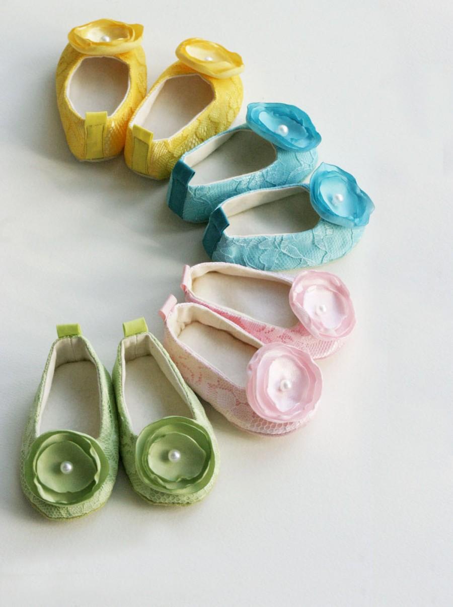 Wedding - Easter Pastel Baby Shoe, Pink Lace  Ballet Slipper, Green Toddler Flowergirl Shoe, Ballet Flat, Dance, Baby Girl Wedding Shoes, Baby Souls