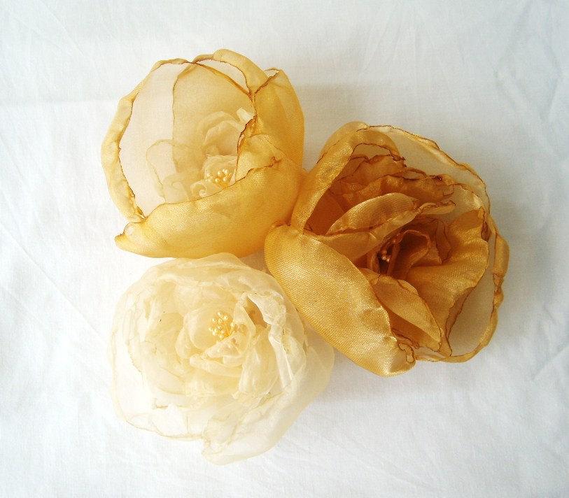 Wedding - Large Organza Flower Autumn Fall Headpiece in Ombre Yellow Gold Ivory  Bride Bridesmaid Gift Wedding Corsage Sash Hair Clip Bouquet