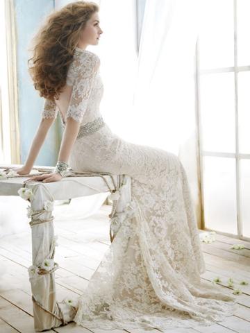 Hochzeit - Lace Over A-line Romantic Sweetheart Wedding Dress with Three Quarter Sleeve