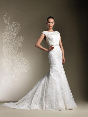 زفاف - Elegant Wedding Dress with Beaded Lace Sabrina Neckline and Criss-cross Back