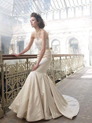 Hochzeit - Antique Silk Faced Satin Trumpet Bridal Gown with Sweetheart Neck and Jeweled Ribbon