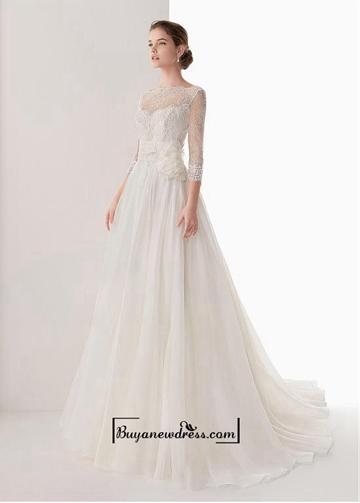 Mariage - Alluring Organza Satin&Lace&Satin A-line Illusion High Neckline Natural Waistline Wedding Dress