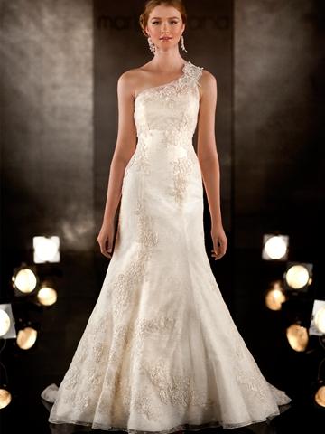 Hochzeit - A-line Lace Embroidered Wedding Dress with Detachable Asymmetrical Lace Shoulder Strap