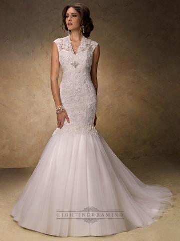 Hochzeit - Fit and Flare V-neck Lace Wedding Dress with Illusion Sleeves