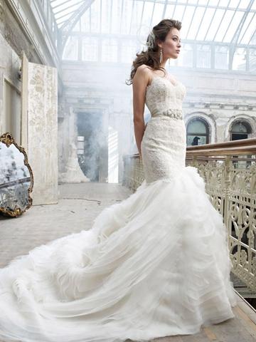 Wedding - Dramatic Lace Organza Wave Wedding Gown with Bolero Jacket and Asymmetrical Skirt