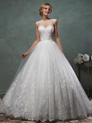 Mariage - Sheer Neckline Lace Appliques A-line Wedding Dress