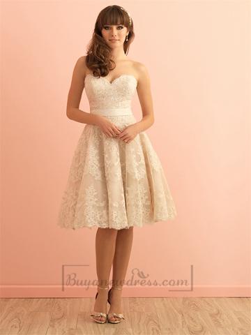 Hochzeit - Strapless Sweetheart Knee Length Vintage Lace Wedding Dress