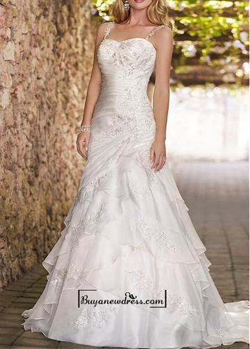 Mariage - Alluring Organza Satin & Satin A-line Spaghetti Straps Sweetheart Neckline Natural Waist Ruched Tiered Wedding Dress With Beading and Lace Appliques