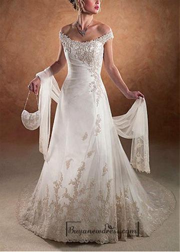 Mariage - Beautiful Elegant Tulle A-line Off-the-shoulder Wedding Dress In Great Handwork