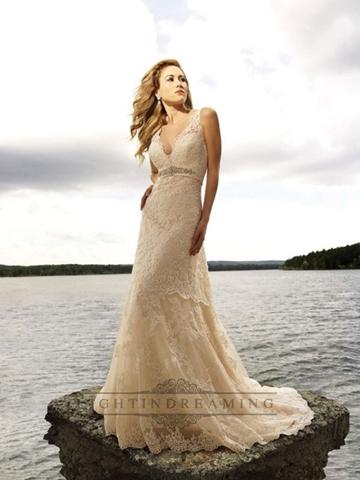 زفاف - Champagne Straps Sleeveless Empire V-neck Lace Wedding Dress