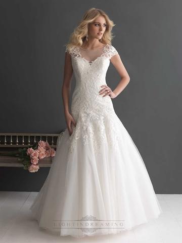 Hochzeit - Elegant A-line Cap Sleeves Bateau Neckline Wedding Dress with Deep V-back