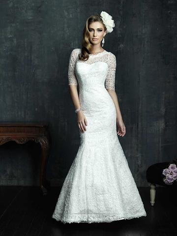Wedding - Half Sleeves Scooped Neckline Wedding Dress with Covered Sheer Lace Back