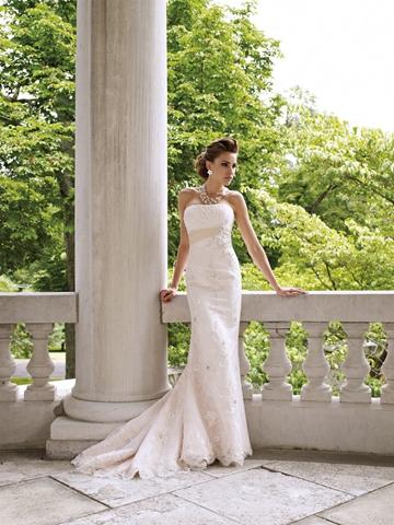 زفاف - Strapless Lace Chiffon Slim A-line Bridal Gown with Lace Bodice and Empire Sash