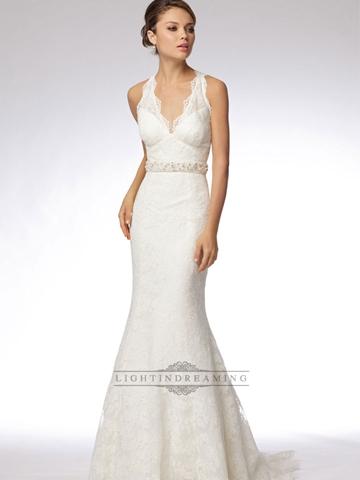 Mariage - Trumpet Embroidered Lace Halter V-neck Wedding Dress with Keyhole Back