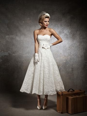 Wedding - Strapless Lace Sweetheart Tea Length Wedding Dress with Flower Sash