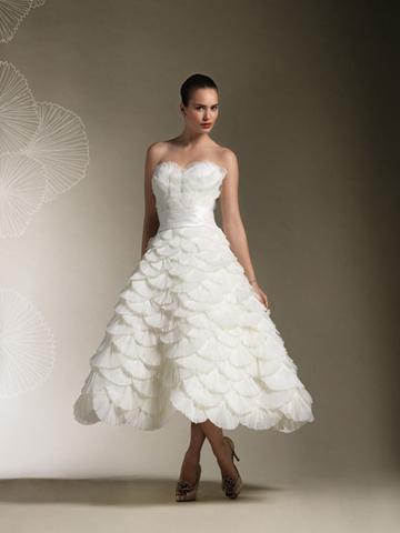 Wedding - Layered Elegant Tea Length Strapless Sweetheart Wedding Dress with Pleated Organza Fans