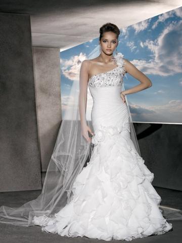 زفاف - One Shoulder Satin Organza Beaded Wedding Dress with Tiered Ruffle Skirt