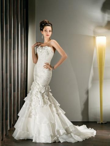 Wedding - Fit and Flare Perfect Tiered Wedding Dress with Flowers on Neckline and Lace-up Back