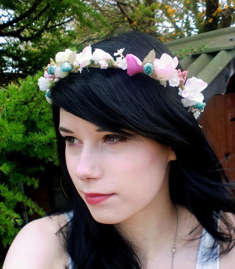 Hochzeit - bridal headpiece, Cottage Chic Flower Crown pink Hair Wreath aqua wedding accessories, bridesmaid hair flower, headwreath floral circlet