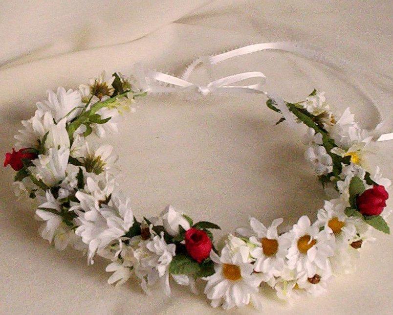 Wedding - Winter Wedding hair wreath Bridal halo white red floral circlet Silk Daisies Flower Crown Hair accessories headpiece garland