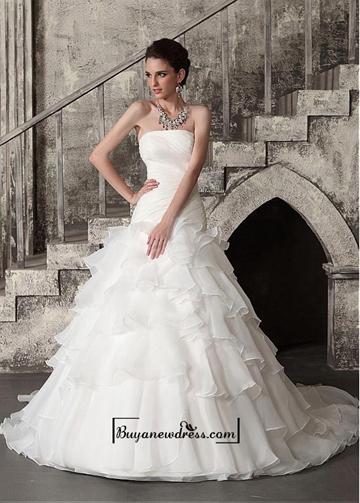زفاف - Amazing Organza & Satin A-line Drop Waist Strapless Chapel Train Wedding Dress