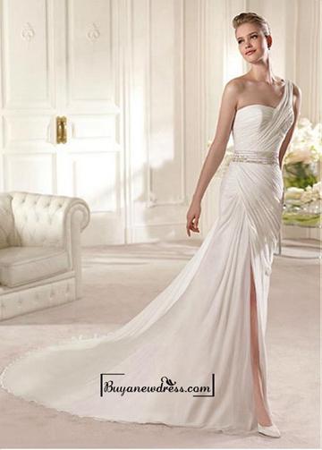 Hochzeit - Amazing Chiffon & Satin Sheath One Shoulder Neckline Natural Waist Wedding Dress