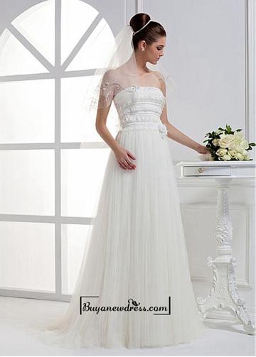 Свадьба - Alluring Satin & Tulle A-line Strapless Neckline Raise Waist Floor-length Wedding Dress With Lace Appliques
