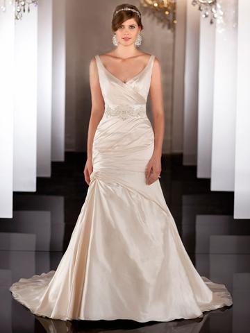 Hochzeit - Straps V-neckline Ruched Wedding Dress with Dropped Waist and Plunging Backline
