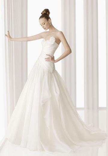 Mariage - Organza Elegant Wedding Dress with Handmade Flowers at Neckline and Pleated Bodice