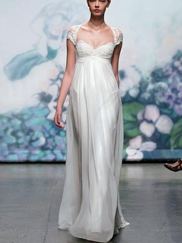 Wedding - Elegant Embroidered Lace Cap Sleeve Fall Wedding Dress with Keyhole Back