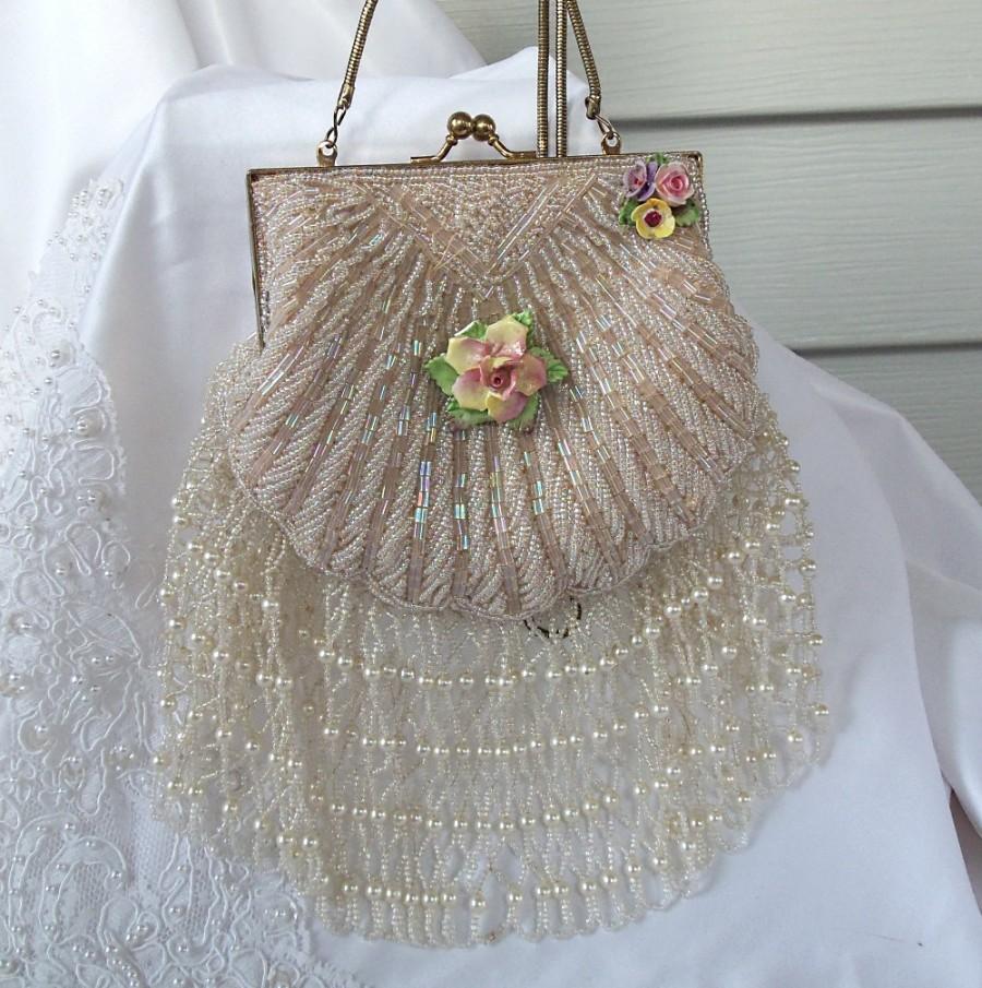 Hochzeit - Beaded White Vintage Bridal Purse with beaded fringe, vintage porcelain roses, beaded train, OOAK Haute Couture