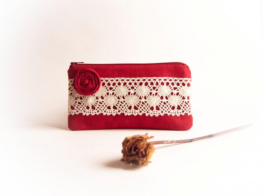 Wedding - Rustic Fall Wedding Clutch Purse, Red linen lace bridesmaid gift idea clutch, more colors available