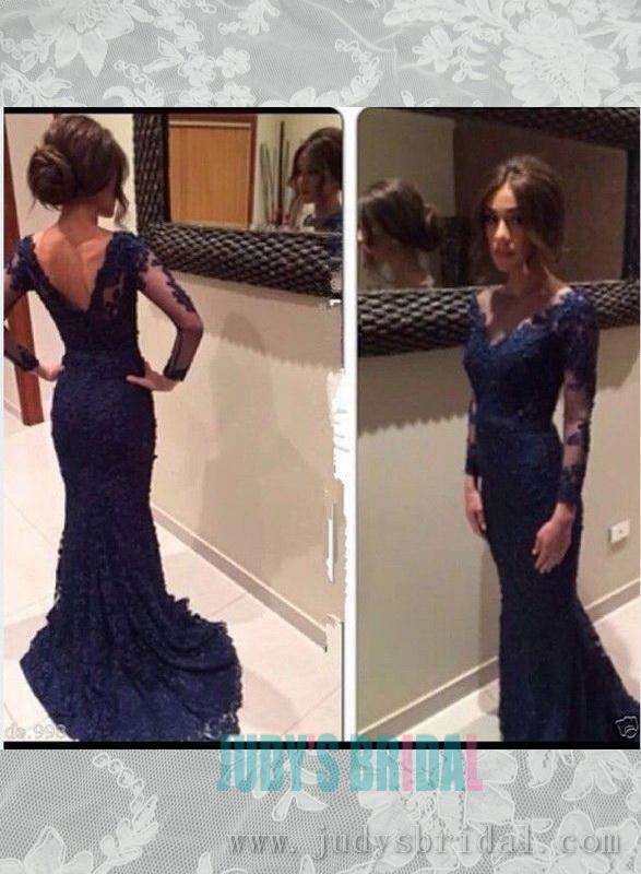 زفاف - Couture long sleeves navy blue lace prom evening dress