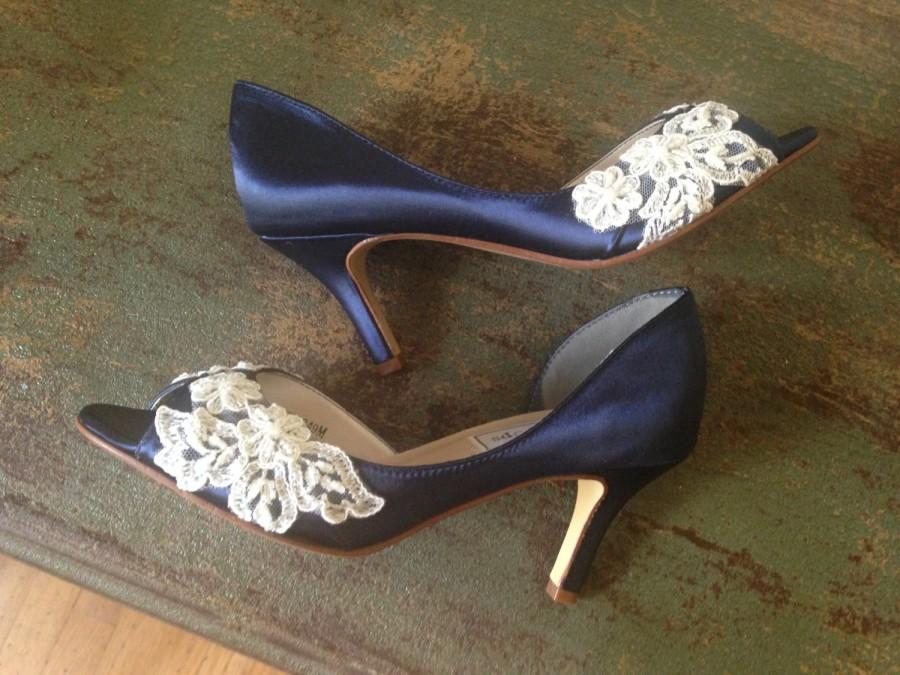 Wedding - SALE Wedding shoes peep toe marine blue low heel short heel high heel bridal shoes embellished with ivory lace - Ready to Ship Size 5.5