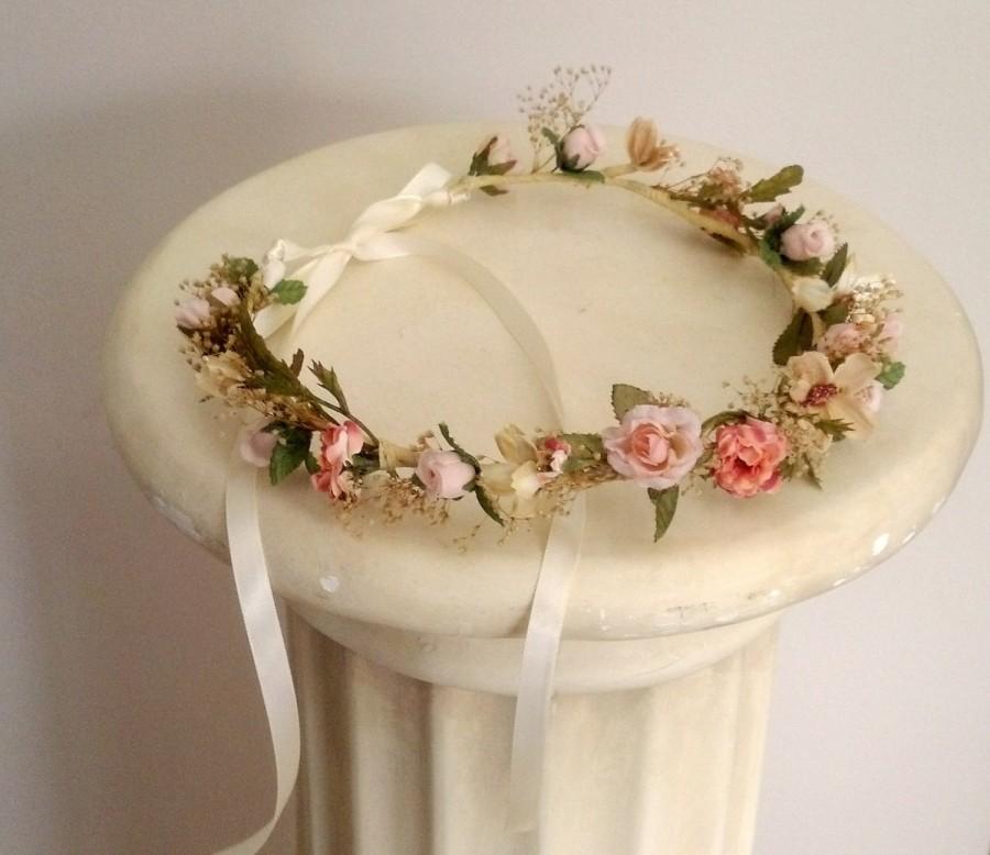 Hochzeit - Peach Woodland Bridal bridal party flower crown Spring Wedding hair wreath accessories rustic dried floral garland halo bridesmaid circlet