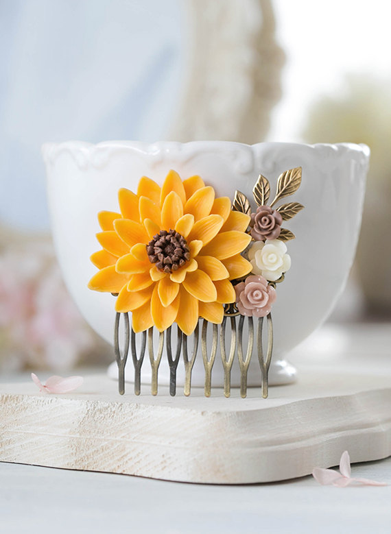 Hochzeit - Large Sunflower Hair Comb Orange Yellow Chrysanthemum Taupe Brown Ivory Flower Hair Comb Wedding Bridal Hair Comb Woodland Hair Accessory