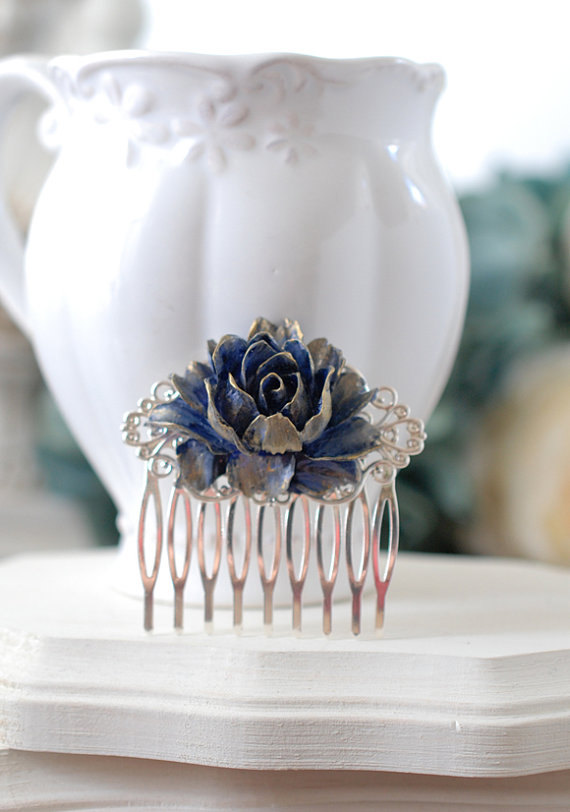 Hochzeit - Bridal Hair Comb, Gold Navy Dark Blue Rose Silver Hair Comb, Floral Hair Accessory, Vintage Style Victorian Blue Wedding Filigree Hair Comb