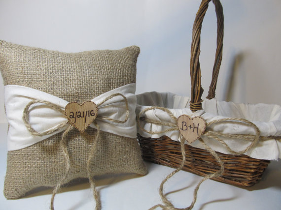 Wedding - Flower Girl Basket and Ring Bearer Pillow - Ivory Muslin - Personalized For Your Country Rustic Wedding Day