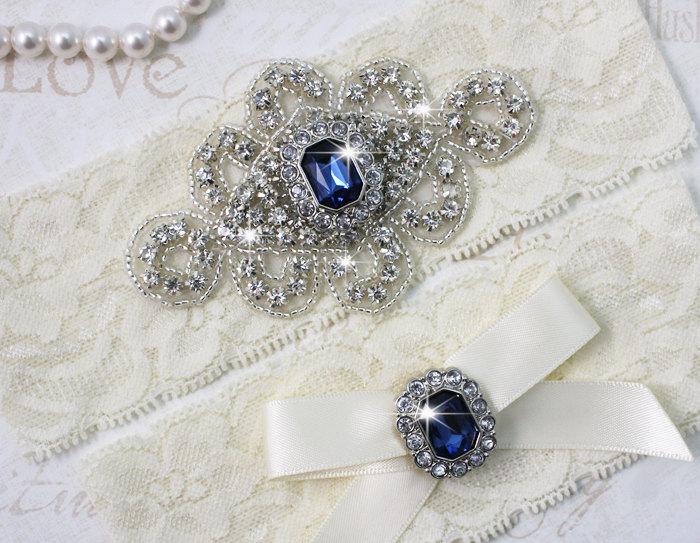 Wedding - ZANNA - Sapphire Blue Wedding Garter Set, Ivory Lace Garter, Rhinestone Crystal Bridal Garters, Something Blue