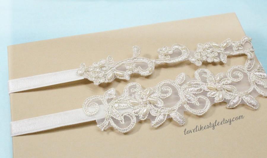 Wedding - Light Gold Pearl Beaded Lace Wedding Garter Set, Ivory Lace Garter Set, Toss Garter , Keepsake Garter / GT-21