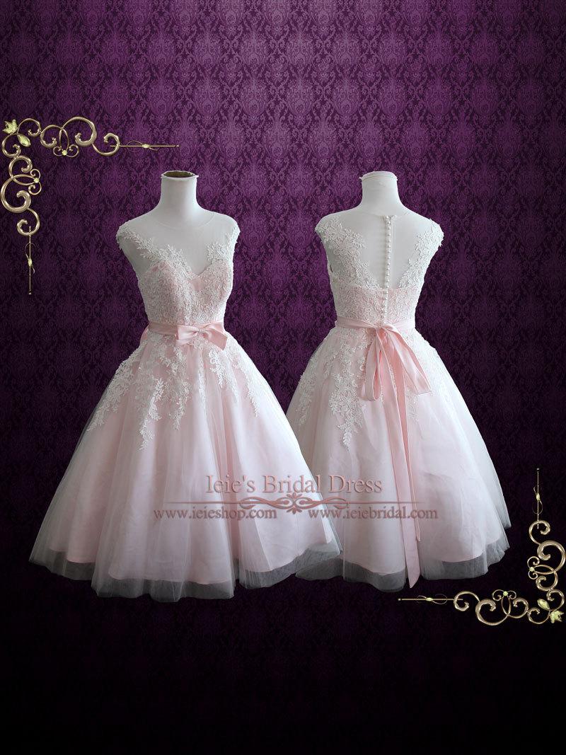Mariage - Pearl Pink Retro Tea Length Wedding Dress Prom Dress Formal Dress 