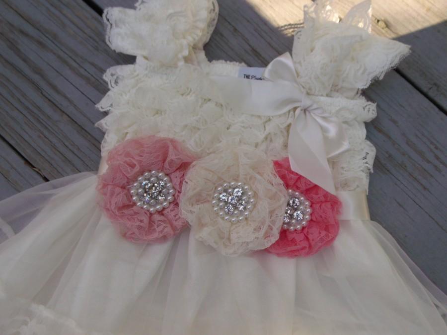 Свадьба - Ivory Lace Flower Girl Dress -Ivory Lace Baby Doll Dress-Flower Girl Dresses-Vintage Wedding-Shabby Chic Flower Girl Dress-Pink-Coral-Blush