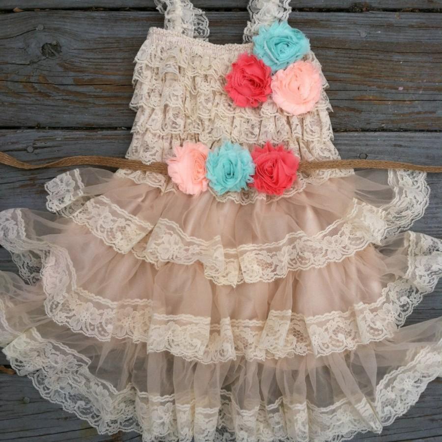 Mariage - Rustic Flower Girl Dress-Lace Pettidress-Coral Flower Girl Dress-Country Flower Girl Dress-Coral-Peach-Mint-Burlap Flower Girl-Burlap