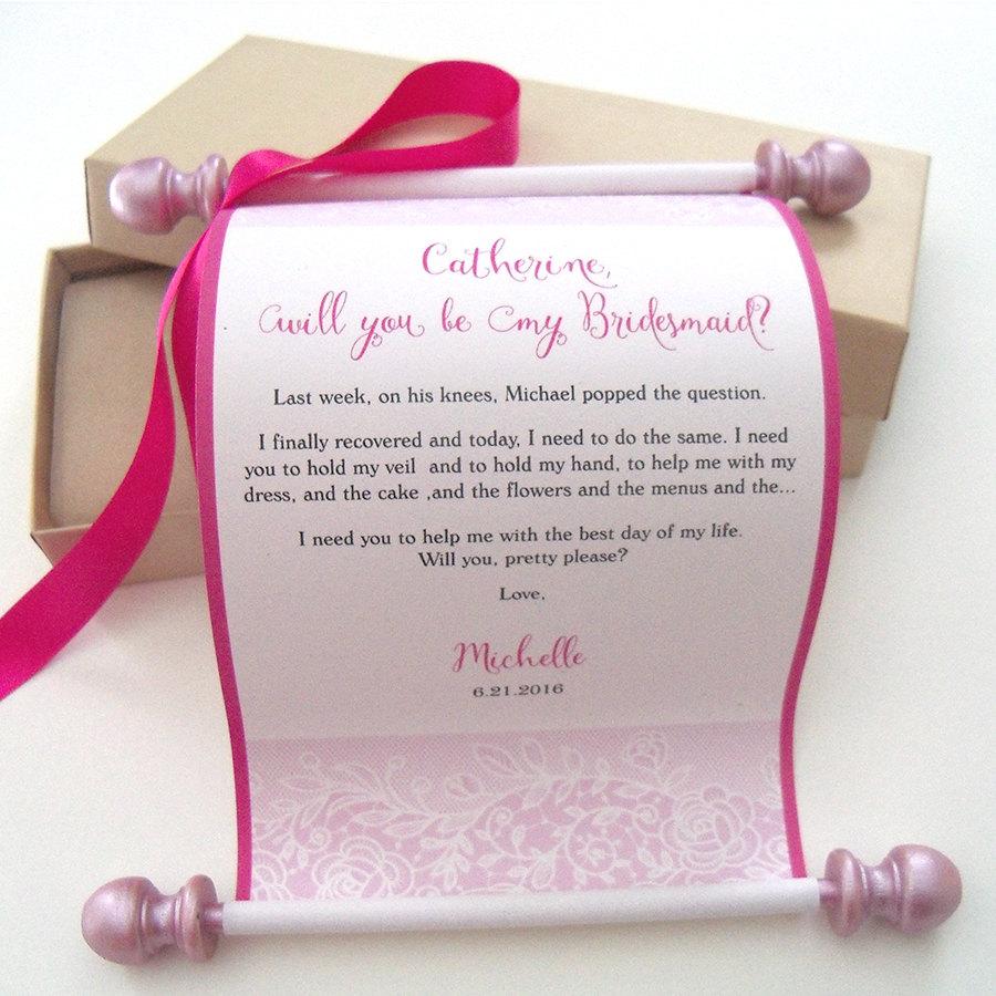 Mariage - Will You Be My Bridesmaid, Will you Be My Maid of Honor, Personalized Scroll, Custom Wedding Party Invitation, Pink & kraft, lace invitation