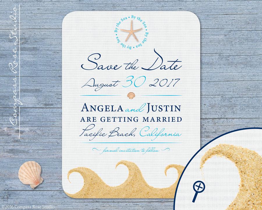 Wedding - Beach Wedding Save the Date, By the Sea, Nautical, Sand, Shells, Destination Wedding, Elopement Announcement, Elope, Reception, Party